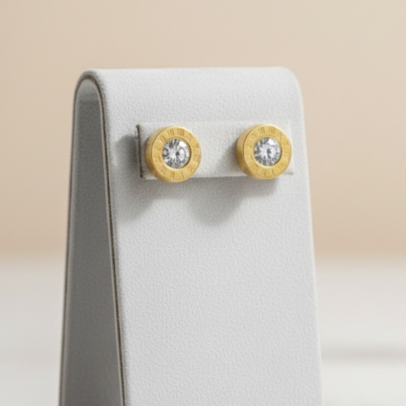 Stainless steel stud earrings, unisex gold-tone earrings with round cubic 10mm - Picture 7 of 9